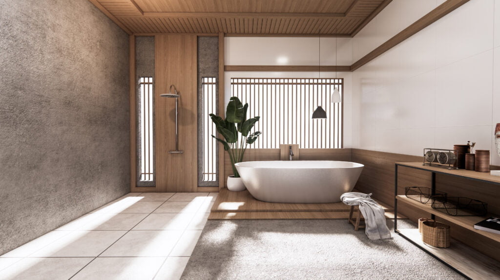 The Tropical bathroom japanese style .3D rendering